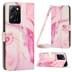 For Xiaomi Redmi Note 12 Pro Speed 5G / Poco X5 Pro 5G Leather Phone Stand Case Marble Pattern Wallet Cover with Shoulder Strap - Rose Gold