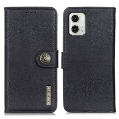 KHAZNEH For Motorola Moto G73 5G Leather Phone Case Cowhide Texture Protective Cell Phone Cover Wallet Stand - Black