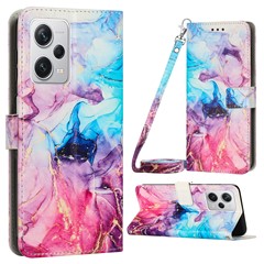 For Xiaomi Redmi Note 12 Pro 5G / Note 12 Pro Speed 5G / Poco X5 Pro 5G Leather Phone Stand Case Marble Pattern Wallet Cover with Shoulder Strap - Pink  /  Purple