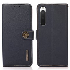 KHAZNEH For Sony Xperia 10 V RFID Blocking Phone Case Wallet Stand Genuine Cow Leather Cover - Blue