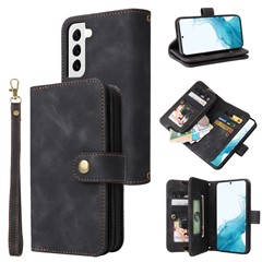 Protective Phone Case for Samsung Galaxy S22 5G Zipper Pocket Flip Leather Wallet Anti-scratch Phone Cover with Straps - Black