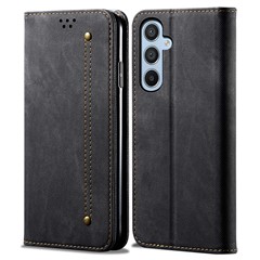Drop-proof Phone Case For Samsung Galaxy A24 4G (162.1 x 77.6 x 8.3mm) Jeans Cloth Texture Flip Leather Cover with Stand Wallet - Black