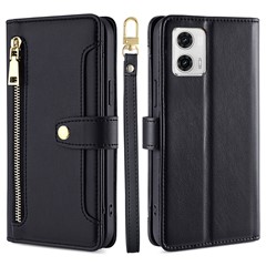 For Motorola Moto G73 5G Zipper Pocket Phone Stand Case Card Slots Leather Cover with Straps - Black