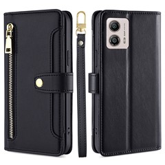 For Motorola Moto G53 5G / G23 4G / G13 4G Leather Phone Case Card Slots Zipper Pocket Stand Flip Cover - Black