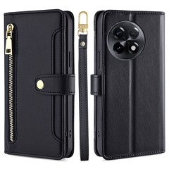 For OnePlus Ace 2 5G / 11R 5G Wallet Phone Case PU Leather Card Slots Zipper Pocket Stand Cover with Straps - Black