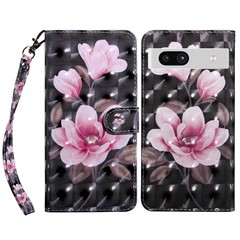 For Google Pixel 7a PU Leather Stand Wallet Shockproof Cover 3D Pattern Printing Phone Case - Pink Flower