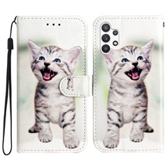 For Samsung Galaxy A32 5G PU Leather Wallet Cover Stand Pattern Printing Flip Phone Case - Happy Cat