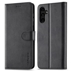 LC.IMEEKE For Samsung Galaxy A24 4G (162.1 x 77.6 x 8.3mm) Calf Texture Leather Phone Case Wallet Stand Mobile Phone Cover - Black