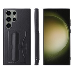 Phone Case for Samsung Galaxy S23 Ultra TPU Hard PC Case Leather Coated Kickstand Cover with Card Holder - Black