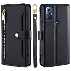For Motorola Moto G Play (2023) 4G Zipper Pocket Anti-Drop Phone Case Folding Stand Leather Wallet Cover with 2 Straps - Black