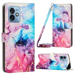 For Motorola Moto G 5G (2023) Marble Pattern Phone Case PU Leather Stand Wallet Cover with Shoulder Strap - Pink / Purple