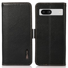 KHAZNEH For Google Pixel 7a RFID Blocking Phone Stand Case Genuine Cow Leather Wallet Drop-proof Cover - Black