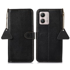 Wallet Case for Motorola Moto G53 5G / G23 4G / G13 4G , Genuine Cow Leather RFID Blocking Stand Phone Cover - Black
