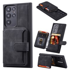 For Samsung Galaxy S23 Ultra Kickstand Leather Coated TPU Phone Case RFID Blocking Wallet Cover - Black