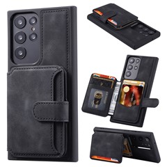 For Samsung Galaxy S22 Ultra 5G RFID Blocking Wallet Phone Cover Kickstand Leather Coated TPU Case - Black