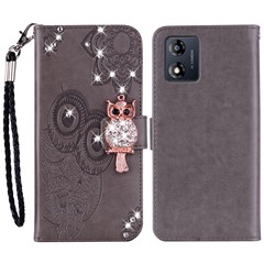 For Motorola Moto E13 4G Glitter Rhinestone PU Leather Case Imprinted Owl Flower Stand Wallet Phone Cover - Grey