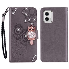 For Motorola Moto G13 4G / G23 4G / G53 5G Rhinestone Imprinted Owl Flower Phone Case PU Leather Stand Flip Folio Wallet Cover - Grey