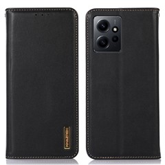 KHAZNEH for Xiaomi Redmi Note 12 4G Phone Case RFID Blocking Stand Wallet Genuine Cowhide Leather Cover - Black