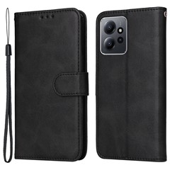 For Xiaomi Redmi Note 12 4G Calf Texture Leather Phone Case Stand Wallet Phone Cover with Strap - Black