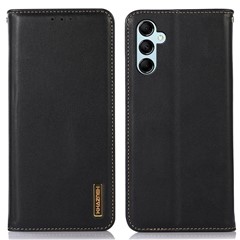 KHAZNEH For Samsung Galaxy M14 5G Stand Wallet Phone Case RFID Blocking Genuine Cowhide Leather Cover - Black