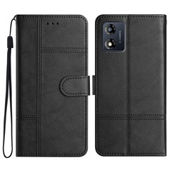 For Motorola Moto E13 4G Business PU Leather Cowhide Texture Cover Line Imprinted Stand Wallet Phone Case with Strap - Black