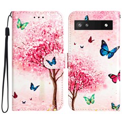 For Google Pixel 6a Pattern Printing Wallet Case PU Leather Stand Flip Protective Cover with Strap - Cherry Blossoms Tree