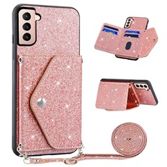 Glitter Phone Case for Samsung Galaxy S23 Kickstand Card Holder Leather Coated TPU Cover with Shoulder Strap - Pink