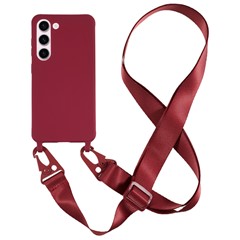 For Samsung Galaxy S23 Matte Soft TPU Case Anti-drop Phone Cover with Wide Lanyard - Wine Red