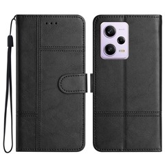 For Xiaomi Redmi Note 12 Pro 5G / Note 12 Pro Speed 5G / Poco X5 Pro 5G Leather Wallet Case Line Imprinted Cowhide Texture Stand Phone Cover - Black