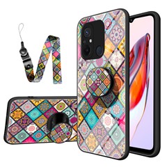 For Xiaomi Redmi 12C 4G Anti-Scratch Tempered Glass Back Cover Flower Pattern PC+TPU Kickstand Phone Case with Lanyard - Checkered Pattern