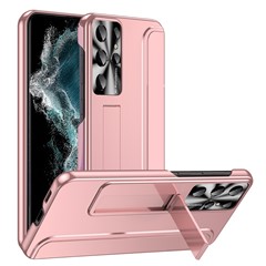 For Samsung Galaxy S22 Ultra 5G Anti-Scratch Hard PC Phone Case Electroplating Design Kickstand Protective Cover - Rose Gold