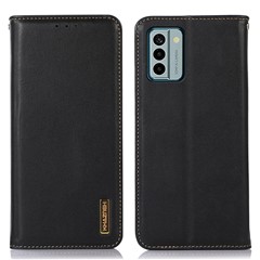 KHAZNEH For Nokia G22 Flip Stand Phone Case RFID Blocking Wallet Genuine Cow Leather Phone Cover - Black