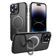 Magnetic Phone Case for iPhone 14 Pro , PC+TPU Ring Kickstand Matte Phone Cover - Black