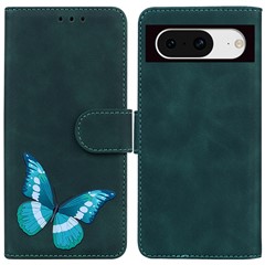 Skin-touch Flip Cover for Google Pixel 8 Butterfly Printing Drop-proof Wallet PU Leather Stand Phone Case - Green