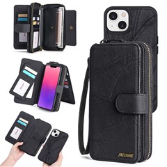 MEGSHI 004 Series Detachable Zipper Wallet Leather Case for iPhone 14 Anti-drop Stand Phone Cover - Black