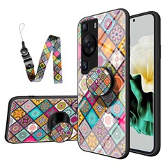 For Huawei P60 / P60 Pro PC+TPU+Tempered Glass Case Flower Pattern Kickstand Phone Cover with Lanyard - Checkered Pattern