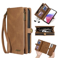 MEGSHI 017 Series For Samsung Galaxy A33 5G Detachable Magnet Cover Zipper Wallet PU Leather Flip Case with Wrist Strap - Brown