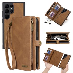 MEGSHI 017 Series Leather Case for Samsung Galaxy S23 Ultra Detachable Magnet Cover Zipper Wallet Shell with Wrist Strap - Brown