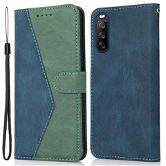For Sony Xperia 10 V PU Leather Phone Case Stand Color Splicing Wallet Flip Cover - Blue+Green