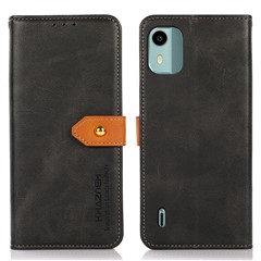 KHAZNEH For Nokia C12 4G / C12 Plus / C12 Pro Phone Leather Cover Gold Button Magnetic Case with Stand Wallet - Black