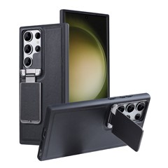 TPU PU Leather Case for Samsung Galaxy S23 Ultra 5G Anti-Drop Protective Cell Phone Shell with Lens Cover Kickstand - Black