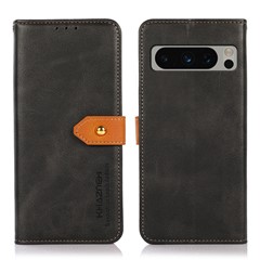 KHAZNEH Phone Leather Cover for Google Pixel 8 Pro Gold Button Magnetic Case with Stand Wallet - Black