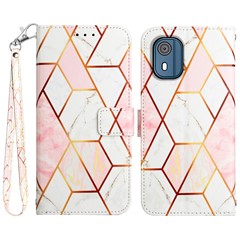 For Nokia C02 (TA-1522) Case with Strap Marble Pattern Leather Phone Cover Card Holder - Pink+White LS002