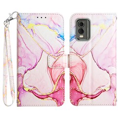 For Nokia C32 (TA-1534) Case with Strap Marble Pattern Leather Phone Cover Card Holder - Rose Gold LS005