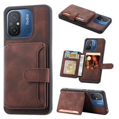 For Xiaomi Redmi 12C 4G Leather Coated TPU Kickstand Phone Case RFID Blocking Wallet Anti-drop Cover - Coffee