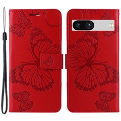 For Google Pixel 7a Wallet Case Floral Butterfly Imprinted Leather Phone Cover Stand - Red