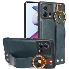 For Motorola Edge 30 Ultra 5G / Moto X30 Pro 5G Phone Case Leather Coated PC+TPU Wristband Kickstand Cover with Neck Strap - Blue