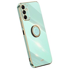 XINLI For Samsung Galaxy M14 5G Ring Kickstand Soft TPU Back Cover Electroplated Phone Case - Cyan
