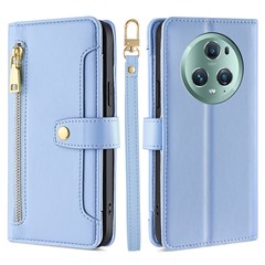 For Honor Magic5 Pro Phone Stand Leather Case Drop-Proof Zipper Pocket Wallet Cover with 2 Straps - Blue