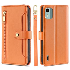 Phone Case for Nokia C12 4G / C12 Pro / C12 Plus Stand Wallet Leather Drop-proof Cover with Zipper Pocket and 2 Straps - Orange
